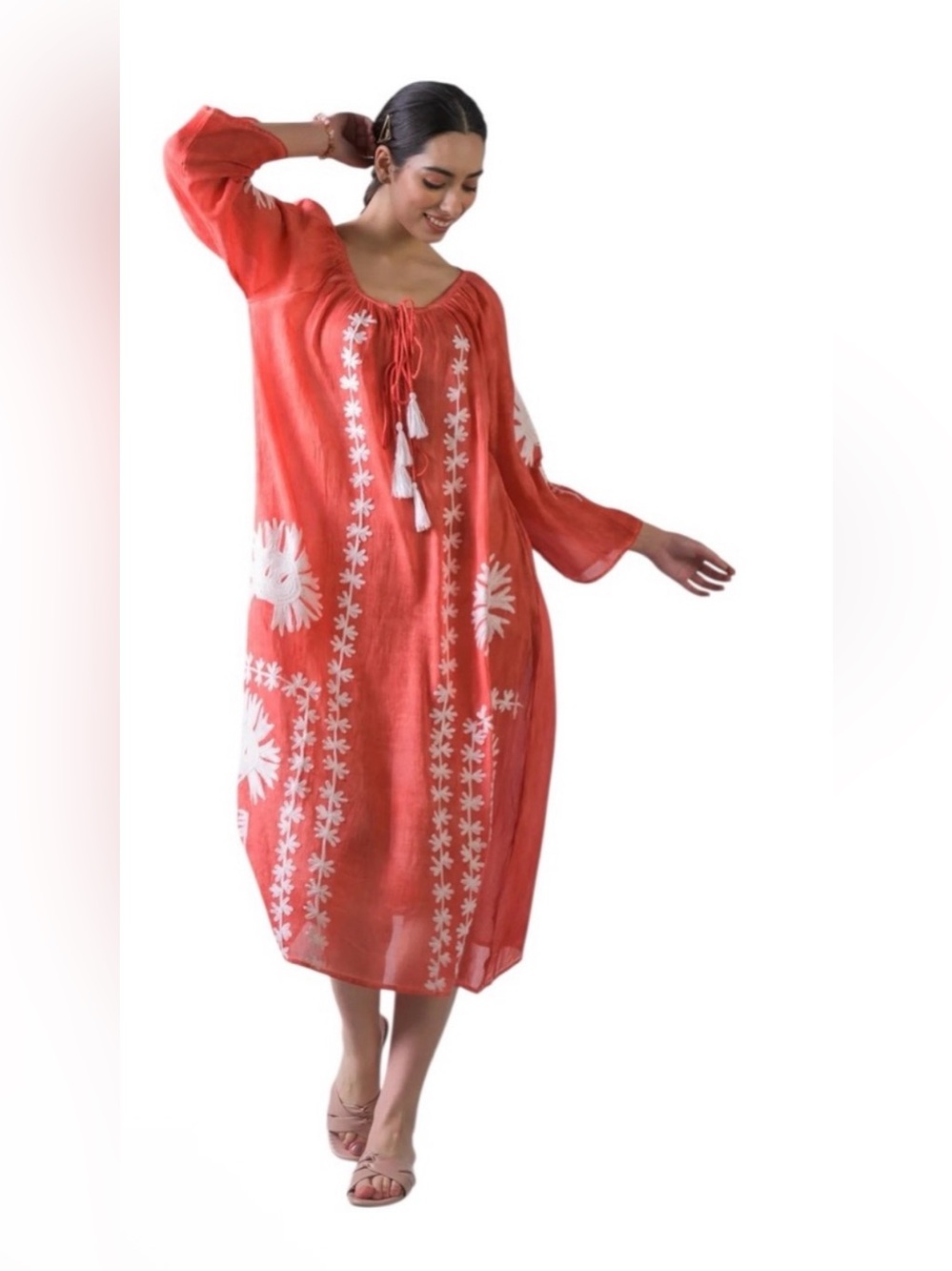 RHEA Sheer Coral Floral Embroidered Dress One Size 23" PTP NWT